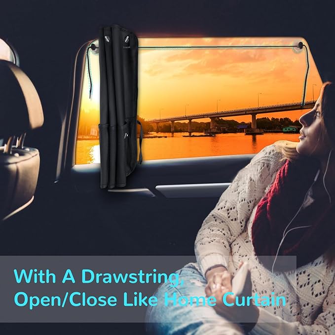 Car Sun Shade Side Window, 2 Pcs Blackout Car Window Shade for Baby Privacy with Storage Net Pockets Auto Curtains 7 Suction Cups for Heat/UV Protection Sun Block Covers