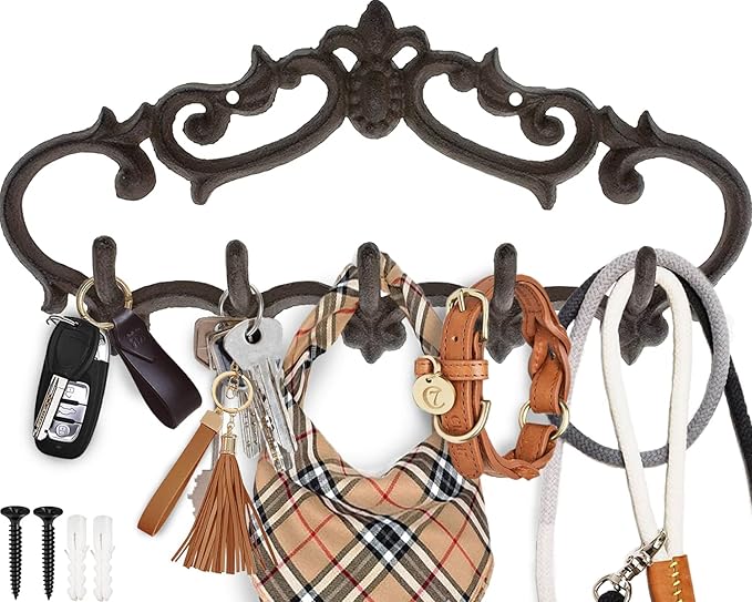 Comfify Cast Iron Wall Mounted Hanger – Vintage Design with 5 Hooks for Keys, Towels, Robes, and Clothes – Heavy Duty Rustic 