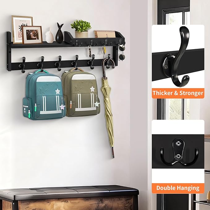 Coat Rack Wall Mount with Shelf, 27.5" Entryway Wall Hanging Shelf, Coat and Key Hanger with 10 Dual Hooks, Mail Organizer an