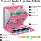 Fireproof Accordion File Organizer, Portable Expanding File Folder with Waterproof Zipper&Labels, Pink Document Organizer wit