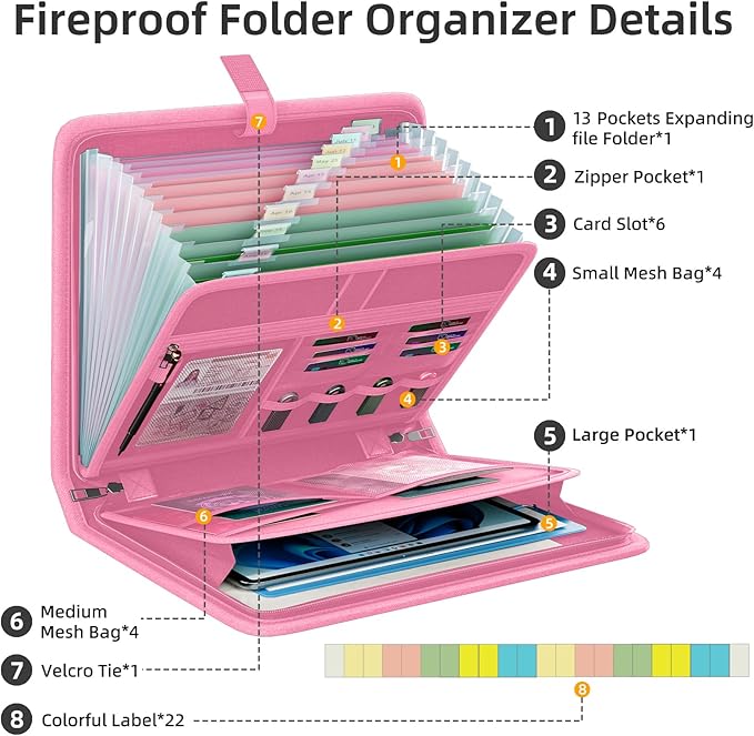 Fireproof Accordion File Organizer, Portable Expanding File Folder with Waterproof Zipper&Labels, Pink Document Organizer wit