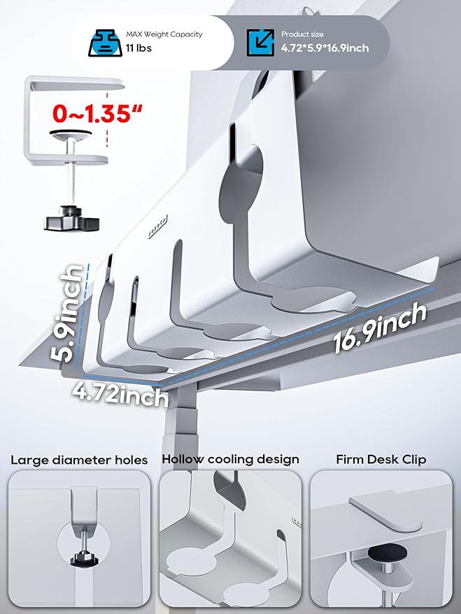 NODOCA No Drill Under Desk Cable Management Tray, 17'' Wire Management, Punch-Free Clamp on, Metal Cable Tray, Wire Organizer