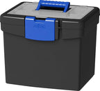 Storex Portable File Box, with Lockable XL Supply Storage Lid and Carry Handle, Black/Blue, 10.9 x 11 x 13.25 Inches, 2-Pack 