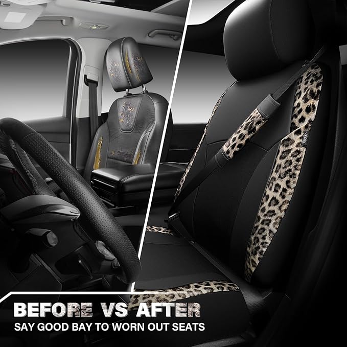 CAR PASS Leopard Print Faux Leather Car Seat Covers & Leopard Car Mats&Leopard Steering Wheel Cover Seat Belt Universal Car A