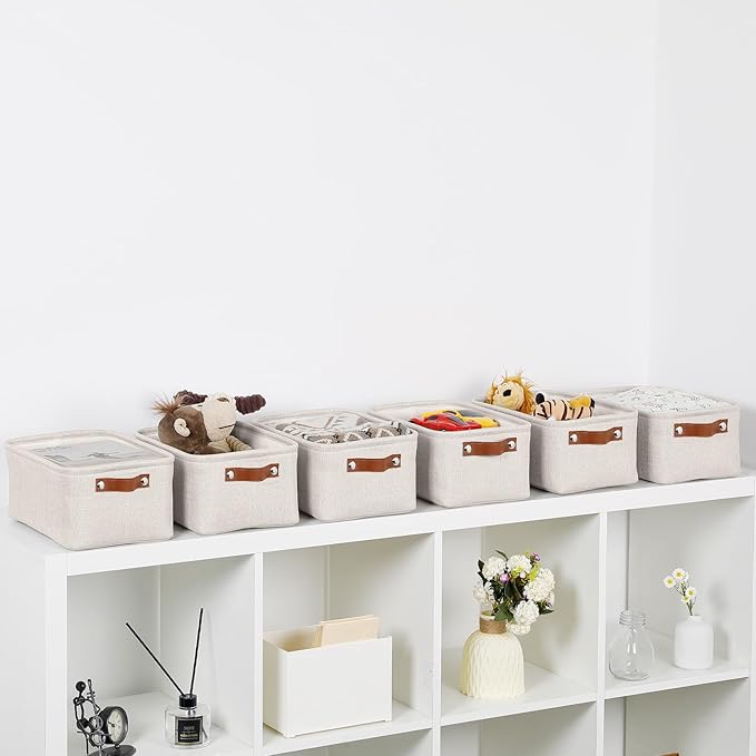 HNZIGE Fabric Storage Baskets for Organizing Small Storage Baskets for Shelf,6 Pack Shelf Baskets for Storage with Leather Ha
