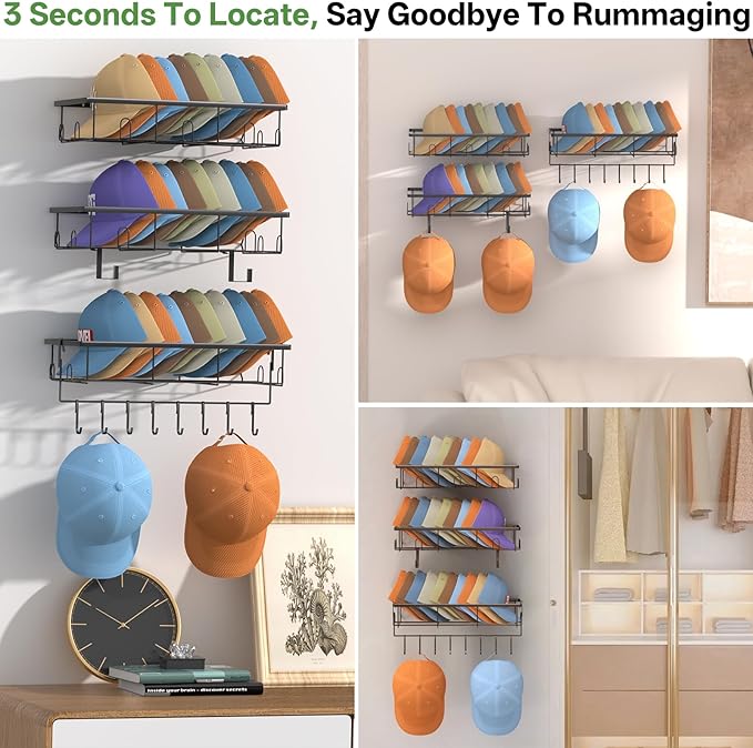 DTUQYX 3 Pack Hat Rack for Wall - Hat Organizer for Baseball Caps Wall Mounted Space Saving Hat Shelf for Hats, Caps, Scarves