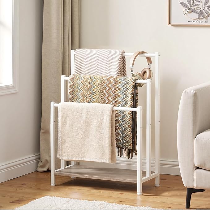 HOOBRO Free Standing Towel Rack, 3 Tier Blanket Rack, Blanket Holder for Bathroom, 23.6" L x 11" W x 31.9" H, Industrial Meta