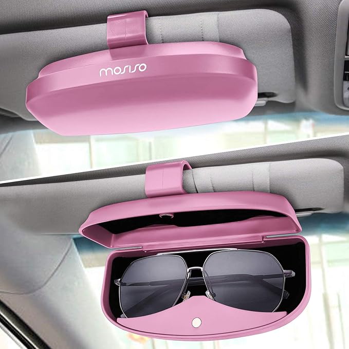 MOSISO Car Visor Sunglasses Case, Universal Automotive ABS Eyeglasses Holder Protective Box Clip Eyewear Hard Shell Storage Organizer with Magnetic Closure and Double Card Clamp, Pink