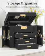 TORIBIO Jewelry Box for Women, Leather Jewelry Organizer with Mirror & Lock, 4-Tier Jewelry Storage Organizer with 3 Drawers 