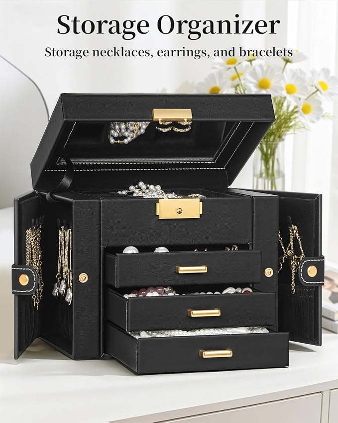 TORIBIO Jewelry Box for Women, Leather Jewelry Organizer with Mirror & Lock, 4-Tier Jewelry Storage Organizer with 3 Drawers 