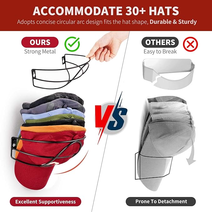 Livelab Hat Rack Wall Mount, [2-Pack] Metal Hat Organizer for Baseball Caps, Hat Storage Cap Holder Up to 30 Hat Hangers for 
