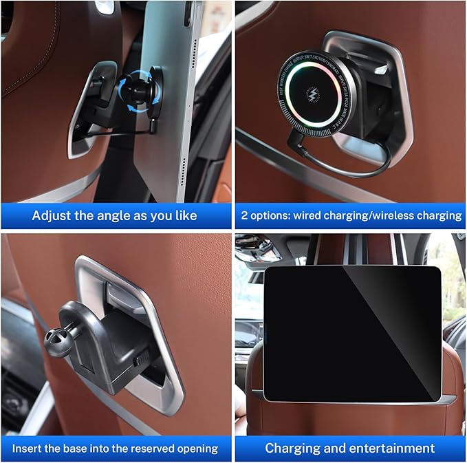 KUNGKIC for Car Headrest Tablet Holder for BMW X3 X5 X6 I20 G05 G06 G45 G60 G61 G70 Adjustable Tablet Car Mount for Back Seat Road Trip Essentials Black (Wireless Charging Pad with Light)