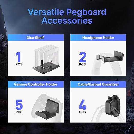 PEGZONE Controller and Headphone Holder Wall Mount, Modular Gaming Pegboard with Accessories, Controller Stand for Xbox PS5 P