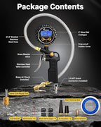 Vondior Digital Tire Pressure Gauge with Inflator, 250 PSI Heavy Duty Air Chuck with Tire Tread Depth Gauge, Stainless Steel Braided Hose with Quick Connect Coupler, Car Accessories
