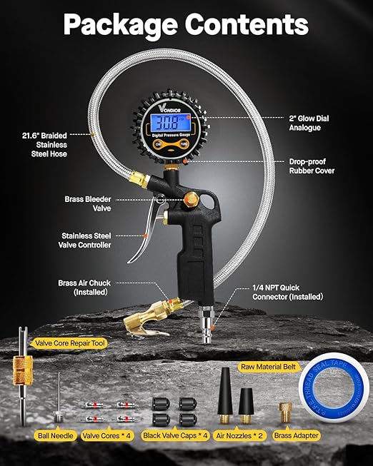Vondior Digital Tire Pressure Gauge with Inflator, 250 PSI Heavy Duty Air Chuck with Tire Tread Depth Gauge, Stainless Steel Braided Hose with Quick Connect Coupler, Car Accessories