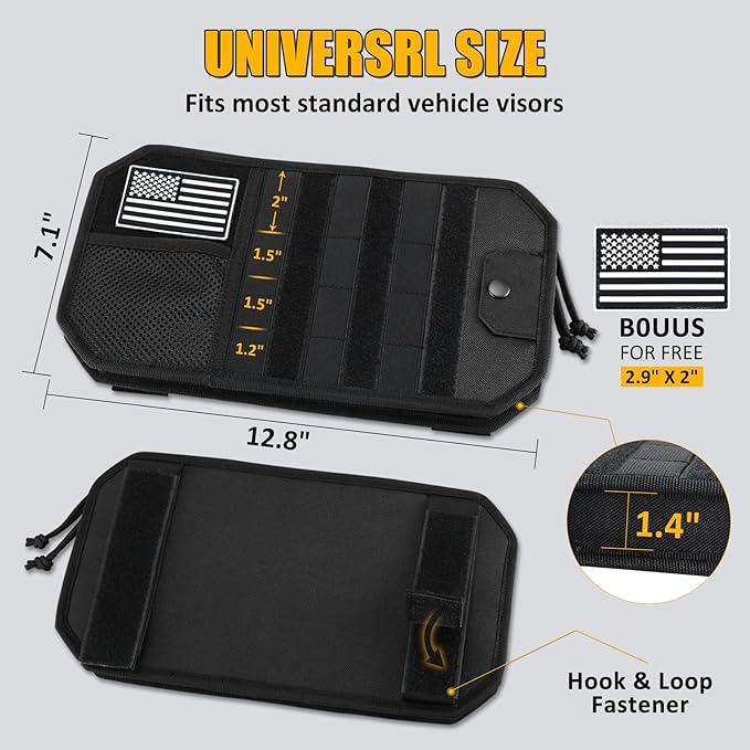 Falafa Car Sun Visor Organizer, Semi-Rigid Molle Panel for Tactical Gears with Zipper Visor Storage Pouch & Glasses Clip, Universal Fit for Trucks, SUVs, Jeeps & Patrol Vehicles
