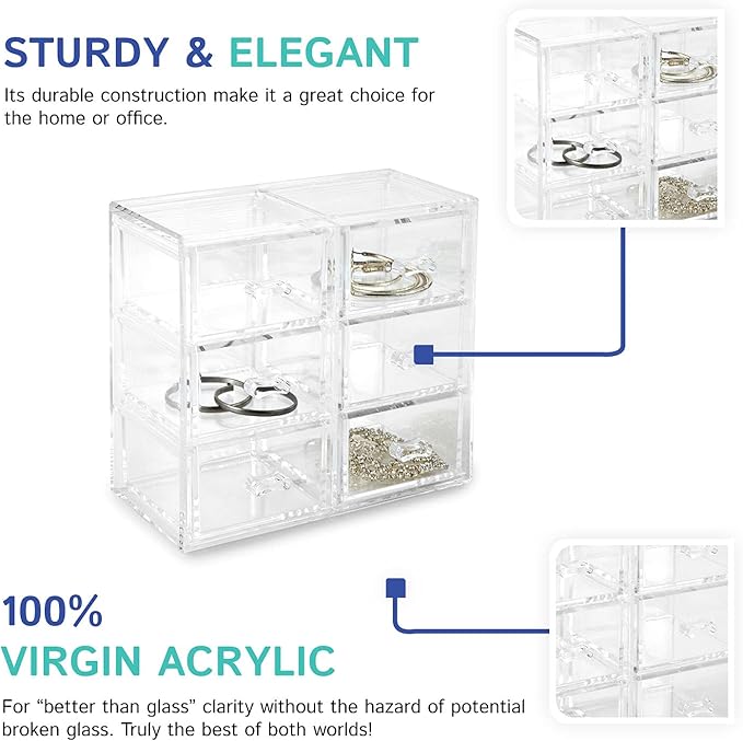 Huang Acrylic Stackable Upright 6-Drawer Jewelry Organizer Crystal Clear Acrylic | Makeup Jewelry Accessories Cosmetic Counte