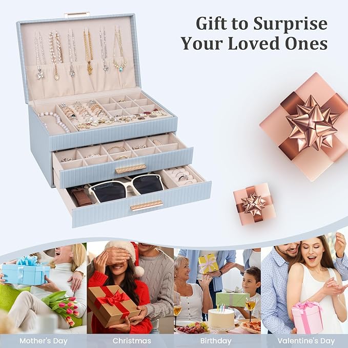 Dajasan Jewelry Box Organizer, 3-Tier Jewelry Storage with 2 Drawers, Large Jewelry Boxes for Women, PU Leather Surface with 
