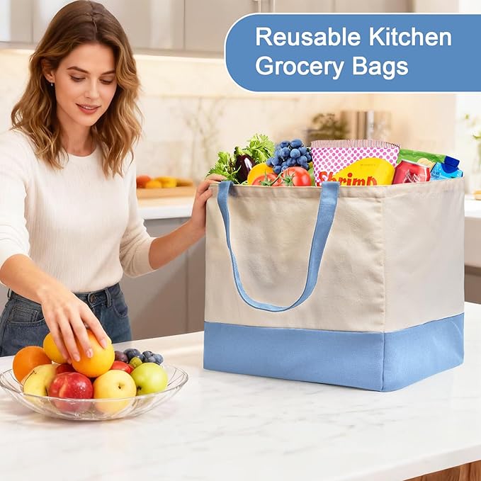Reusable Grocery Bags Heavy Duty, 8.3 gal Foldable Large Canvas Tote Bag with Handles, Holds 60 lbs Canvas Shopping Bags, 1 Pack（Off White+Light Blue）