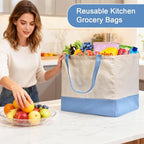 Reusable Grocery Bags Heavy Duty, 8.3 gal Foldable Large Canvas Tote Bag with Handles, Holds 60 lbs Canvas Shopping Bags, 3 Pack（Off White+Light Blue）