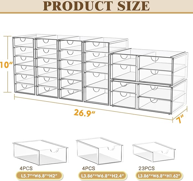 YFXCVSL Acrylic Makeup Organizer with 31 Drawers, 6 Pack Clear Storage Drawers, Bathroom Makeup Organizer for Palettes, Cosme