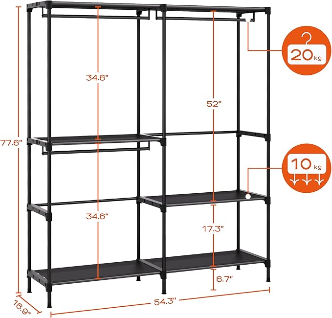 CASAMAYA Clothes Rack, Portable Closet, 54.3 Inch Large Capacity Wardrobe Closet, Clothes Storage Organizer with Shelves and 