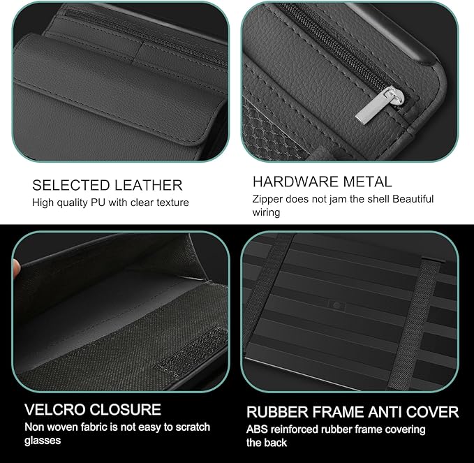 MLY Car Sun Visor Organizer, Leather Sunglasses Note Pen Card Holder with Multi-Pocket Net Zipper Storage Bag, Scratch-Resistant Car Sun Visor Organizer for Truck, Cars Interior Accessories (Black)