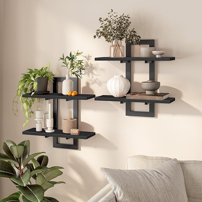 HOOBRO Floating Shelves, 15 Inch Wall Shelf Set of 2, Wall Mounted Storage Shelves 2-Tier, Hanging Bathroom Shelves, for Livi