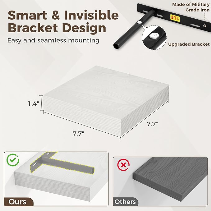 Fun Memories Small Floating Shelves for Wall - 8 Inch Square Wall Shelves with Invisible Brackets, White Shelves for Bathroom