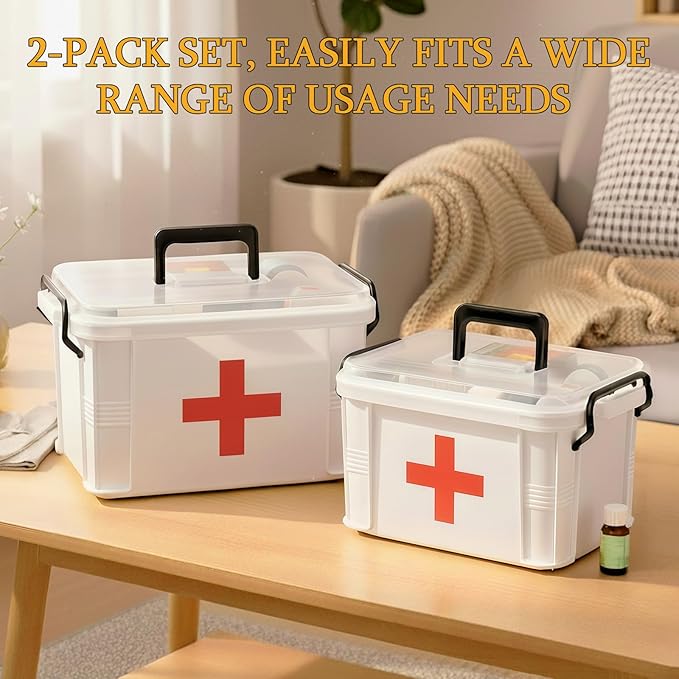 2 Pack Clear Medicine Organizer Box with Handle, Plastic Medicine Container with Tray First Aid Box Empty, Thickened Medicine