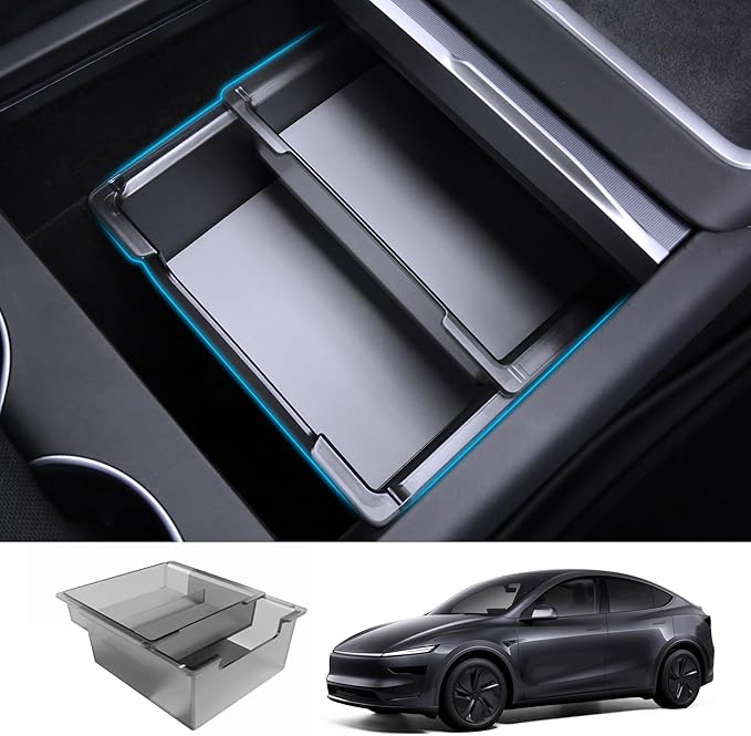 2PC Center Console Organizer Tray for Tesla Model Y Juniper 2025 2026 Flocked Armrest Drawer Storage Box Interior Accessories
