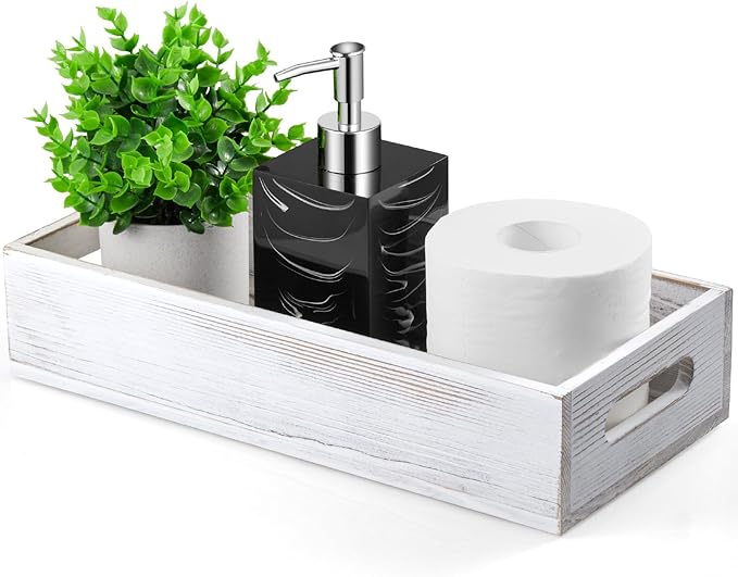 ALELION White Bathroom Basket - Wooden Toilet Tank Paper Basket with Handle for Organizing - Back of Toilet Storage Organizer