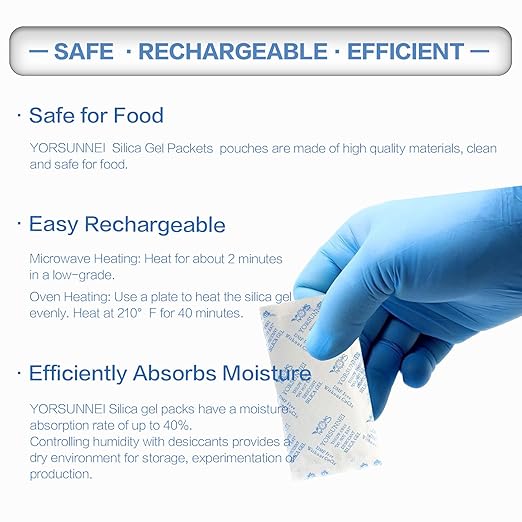 10 Gram Silica Gel Packets, Reusable Desiccant Packs for Storage, Rechargeable Moisture Absorber Food Grade Silica Gel Packs