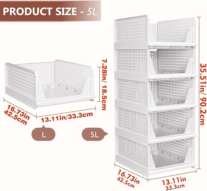 CTSNSLH 5 Pack Closet Organizers Storage Box, Closet Storage Stackable Storage Bins, Plastic Drawer Basket for Wardrobe Cupbo