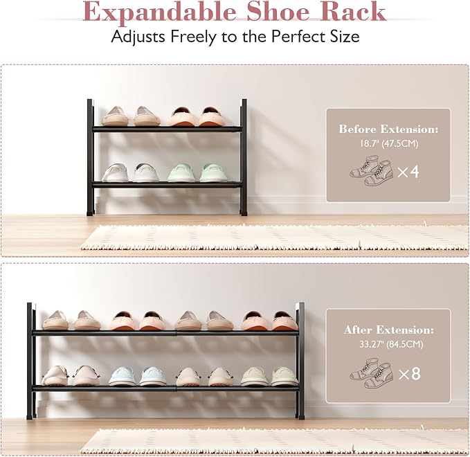Bumusty 2 Tier Expandable Shoe Rack for Closet, 18“-33” Adjustable Shoe Rack for Small Space, Small Shoe Organizer for Front 