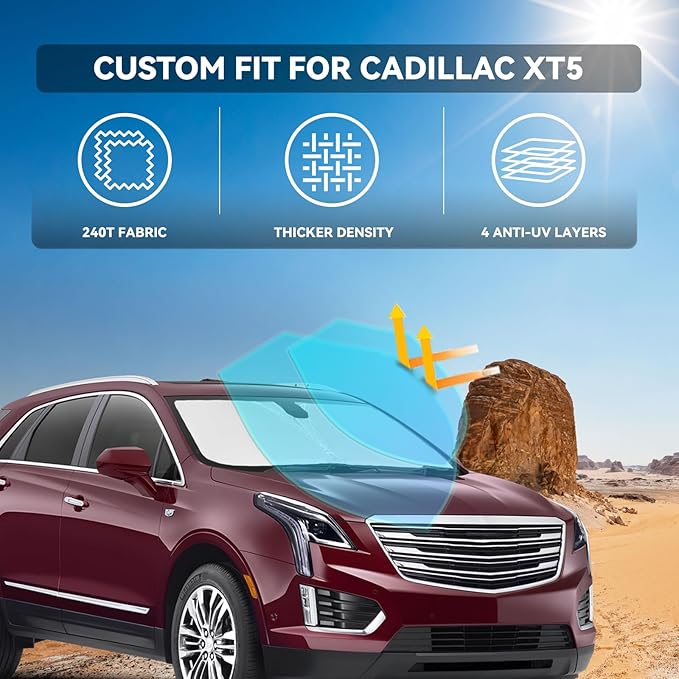 for Cadillac XT5 2017-2026 Windshield Sun Shade - 4 Layers Car Sunshades for Front Windows Shade Cover Custom Fit XT5 Sun Visor 250T Retractable Shade Blocks UV Rays Car Accessories