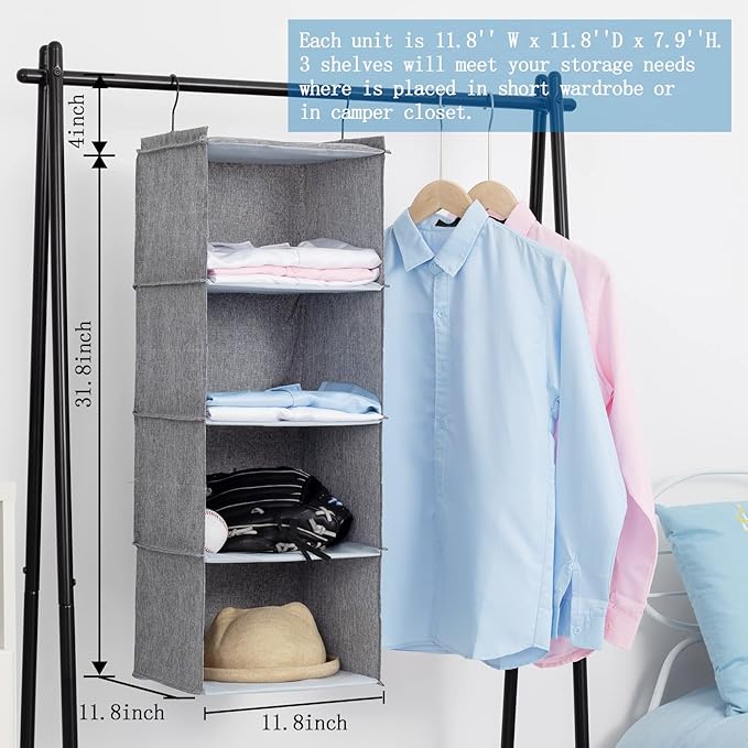 Hanging Closet Organizer, Easy Mount Collapsible 4-Shelf Camper Closet Wardrobe Hanging Storage Shelves, Folded Clothes Towel