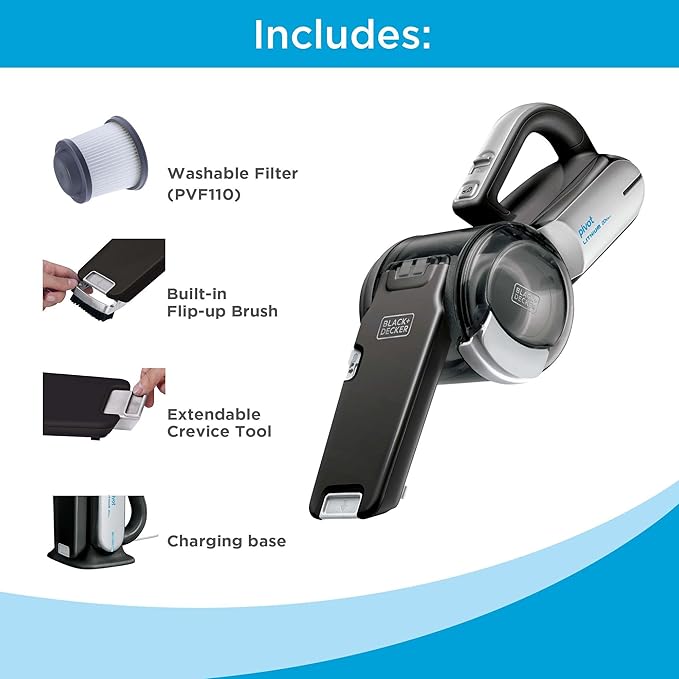 BLACK+DECKER dust buster PIVOT VAC Handheld Vacuum Cordless, Car Vacuum Portable Rechargeable, Extendible Crevice Tool and 20