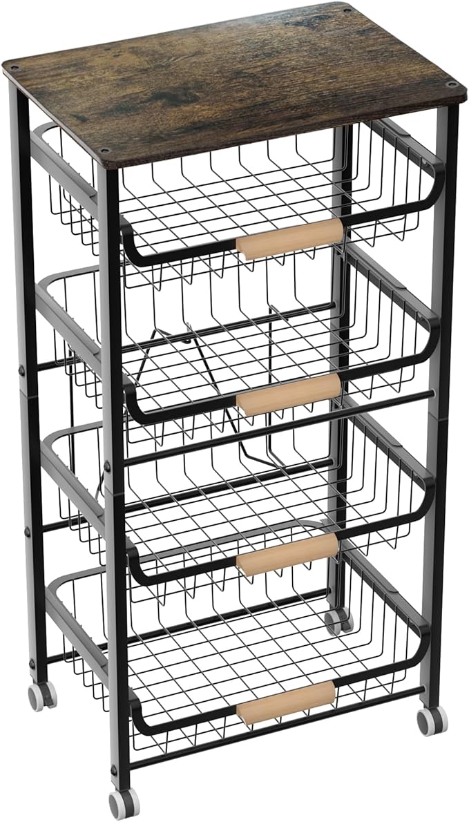 NiuYichee 5-Layer Fruit Basket Kitchen Food Organizer and Rack, Stackable Storage Cart with Desktop, Pull-Out Hollow Metal Ba