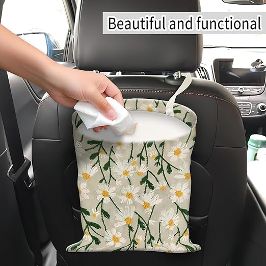 Car Trash Can, Hanging Garbage Bin for Men and Women, Cute Car Organizer and Storage Bag, Canvas Vehicle Trash Can Bag Easy-to-Install Cute White Floral