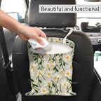 Car Trash Can, Hanging Garbage Bin for Men and Women, Cute Car Organizer and Storage Bag, Canvas Vehicle Trash Can Bag Easy-to-Install Cute White Floral