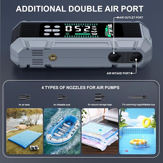8000A Jump Starter with Air Inflator/Deflator Compressor, 65W Charging Car Battery Jump Starter (All Gas/16L Diesel),