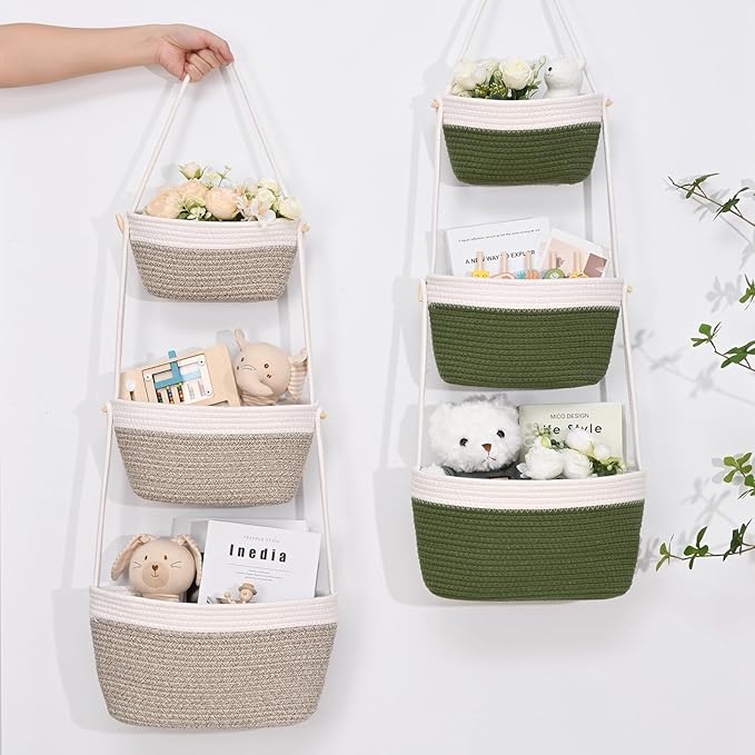 Hanging Storage Baskets, Over the Door Basket, Cotton Wall Baskets Storage, Hanging Door Basket with 4 Hooks