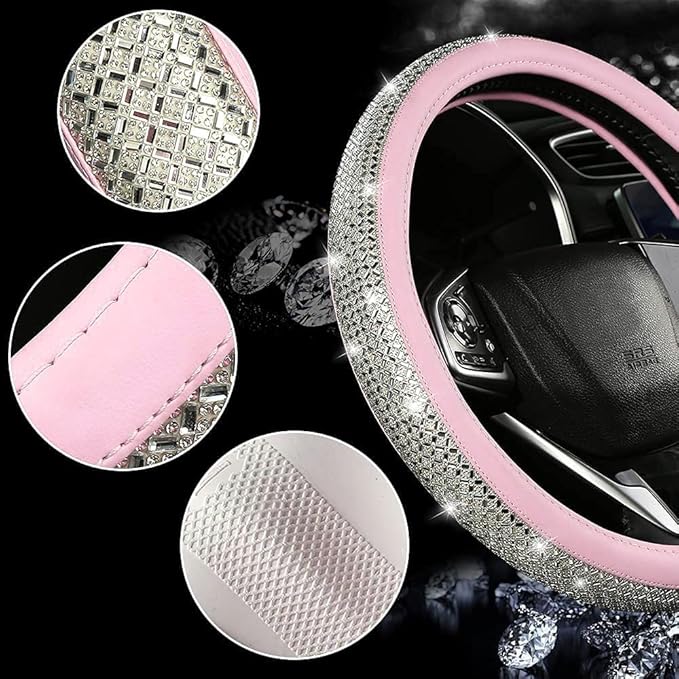 Bling Diamond Leather Steering Wheel Cover, Pink Steering Wheel Covers for Women Girls with Crystal Rhinestones, Universal Fit 14.5“-15" Car Steering Wheel Bling Cover Accessories