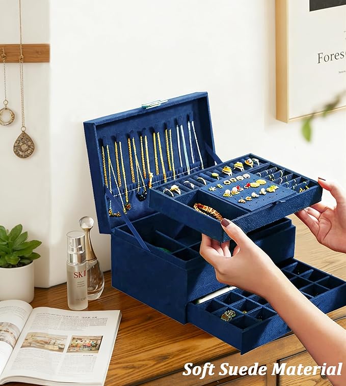 QBestry 3-Layer Jewelry Box for Women with Lock and Key & Drawer, Large Jewelry Organizer with 8 Necklace Hooks & 56 Earring 