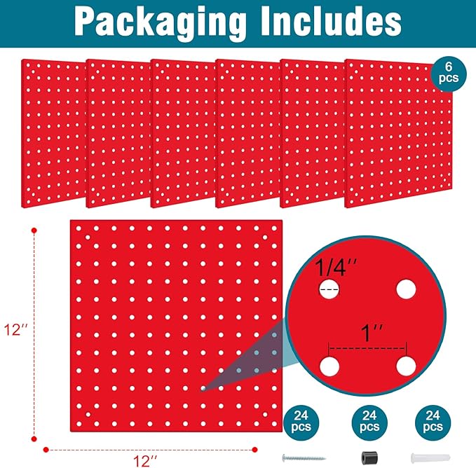 6 Pack Steel Peg Board,Universal 1/8 and 1/4 Pegboard Accessories,Ideal for Garage Tool Storage, Office Organization, Craft R