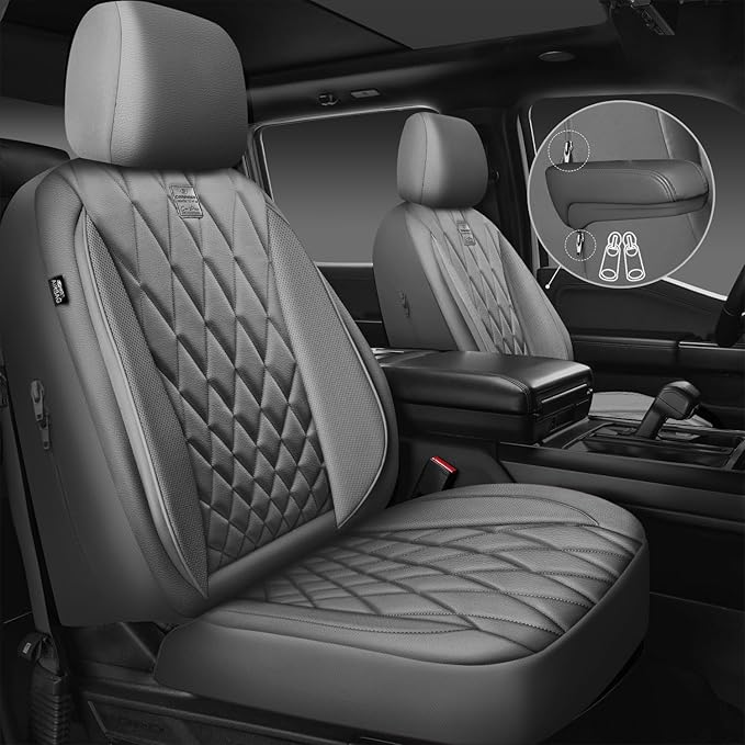 CAR PASS Piping Luxury PU Leather Two Front Car Seat Covers, Waterproof Anti Slip Seat Covers Compatible with Front Seat Armr