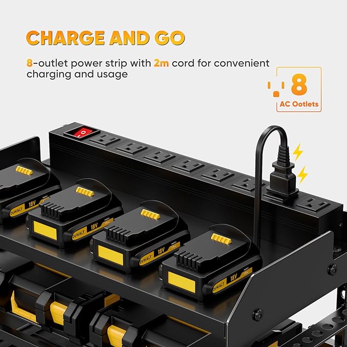 POKIPO Power Tool Organizer Wall Mount with Charging Station,Tool Storage Rack with 8 Outlet Power Strip,Heavy Duty Metal Bat