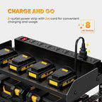 POKIPO Power Tool Organizer Wall Mount with Charging Station,Tool Storage Rack with 8 Outlet Power Strip,Heavy Duty Metal Bat