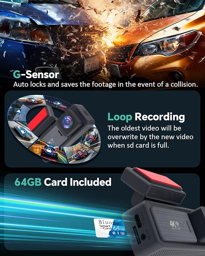 4K Dash Cam, 4K+2K Dash Cam Front and Rear W/ 5GHz WiFi & APP Control 64GB Included, 3.2" IPS Screen Car Dash Cam W/ 24H Park